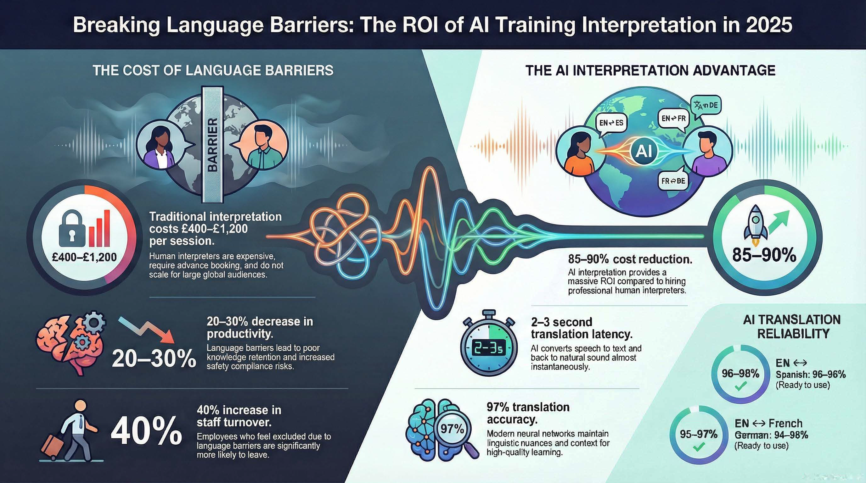 AI interpretation ROI infographic showing cost savings of 85-90% and 97% translation accuracy