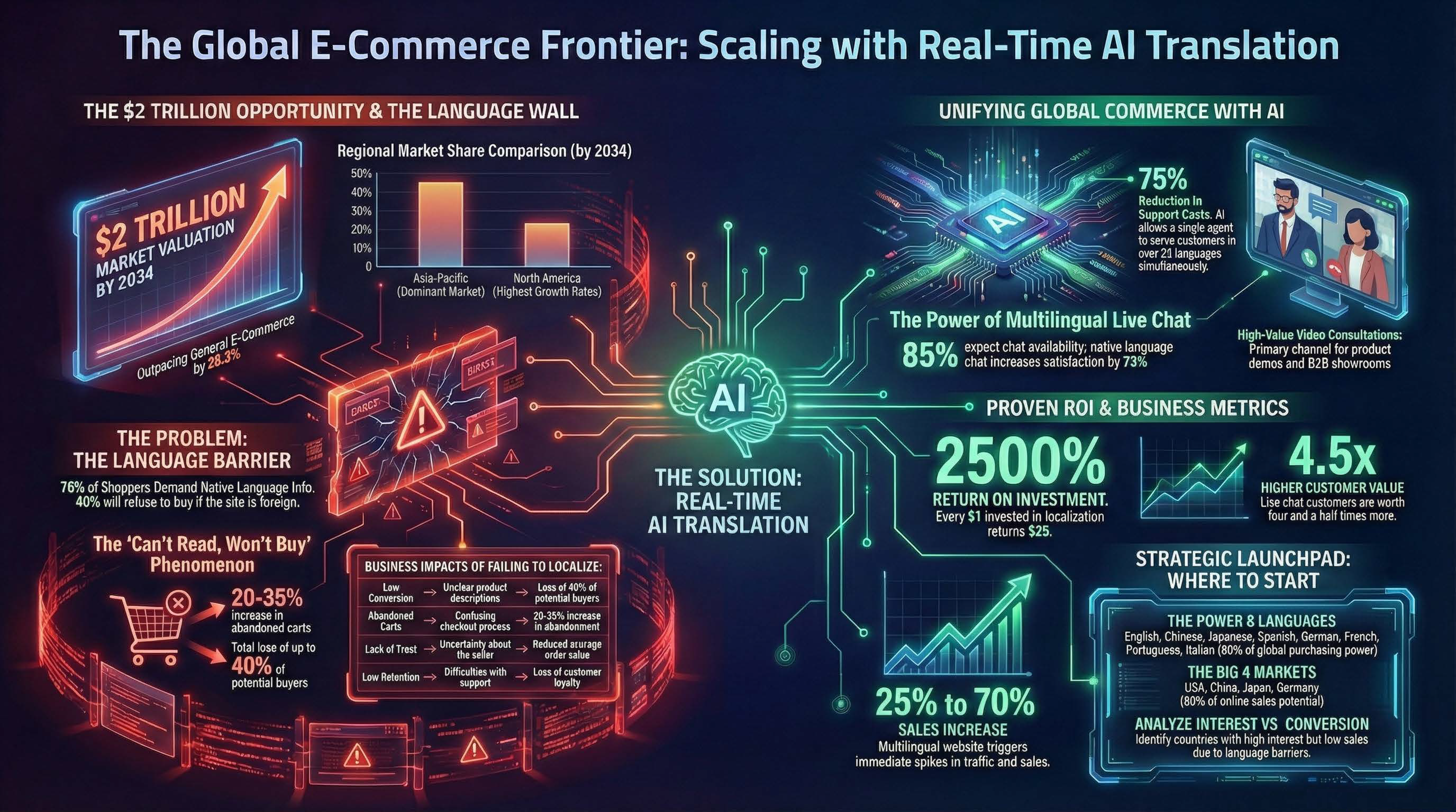 E-commerce localization ROI infographic showing 76% preference for native language and 25-70% sales increase